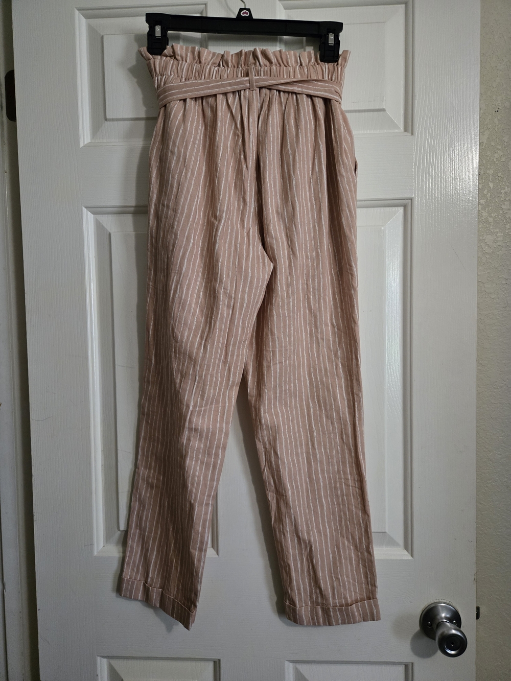Women's High-Waist Paperbag Pants - Blush Stripe - Picture 5 of 6